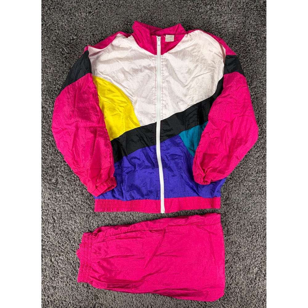 Vintage 80s Bold Spirit Colorblock Nylon Track Suit Pink Purple Yellow Medium